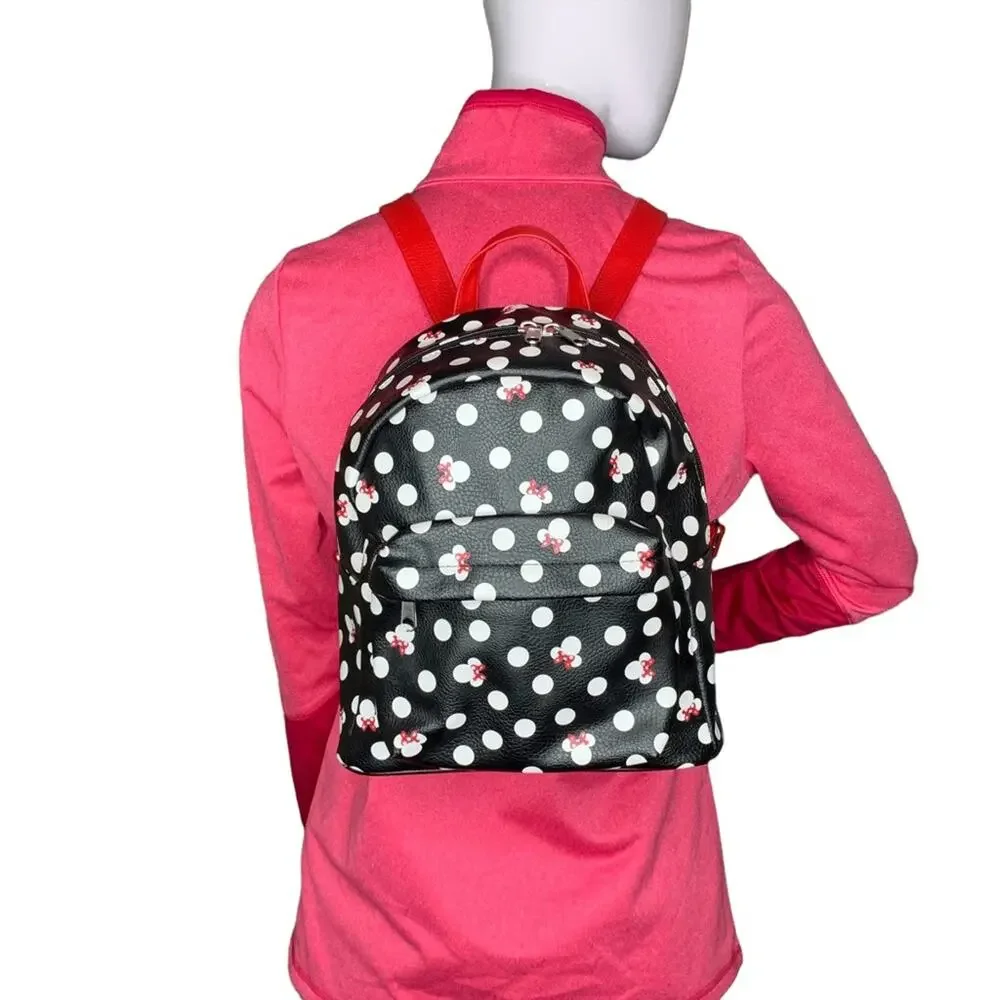 DISNEY Parks Minnie Backpack Black White Polka Dot Red Straps